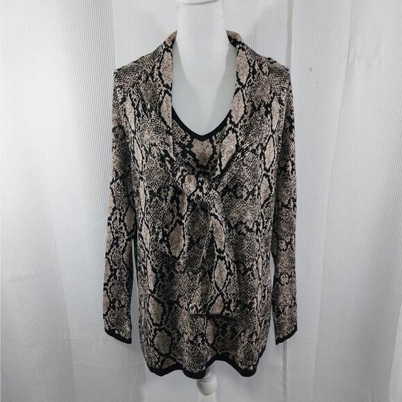 NWOT! CHICO'S! RICH BLACK & GOLD METALLIC SNAKESKIN KNIT NECKTIE SWEATER! SZ L - Picture 2 of 11